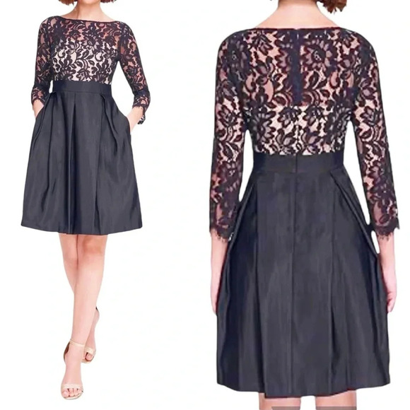 Eliza J NAVY Women's Lace Bodice Fit & Flare Short Dress Navy Blue Size 4 NWT - Picture 1 of 12